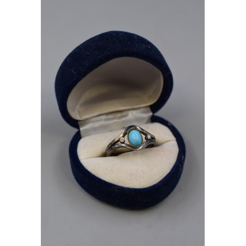 1 - Hallmarked Silver Turquoise and Clear Stone Ring size R in Presentation Box