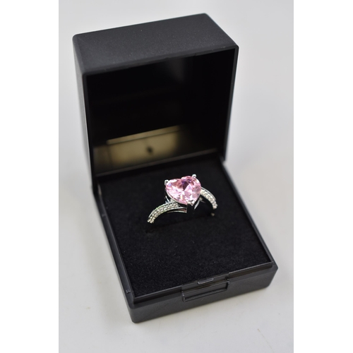 4 - Silver 925, Large Pink Stoned Heart Ring Complete in Presentation Box