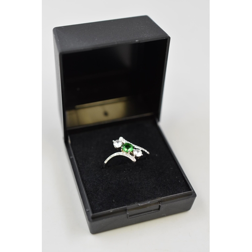 5 - Silver 925, Green & Clear Stoned Ring Complete in Presentation Box