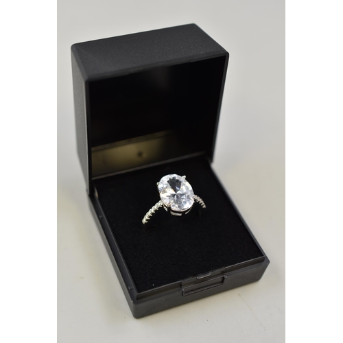 8 - Silver 925, Large Clear Stoned Ring Complete with Presentation Box