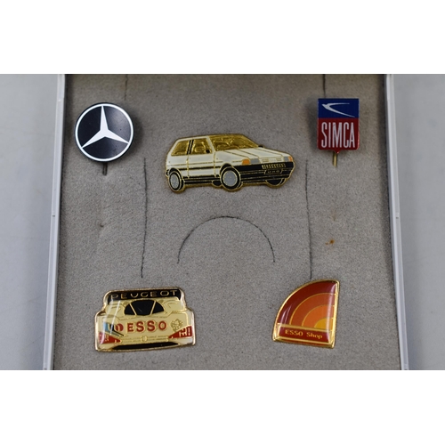 184 - Five Car Related Pin Badges To Include Mercedes, Peugot Esso, And More