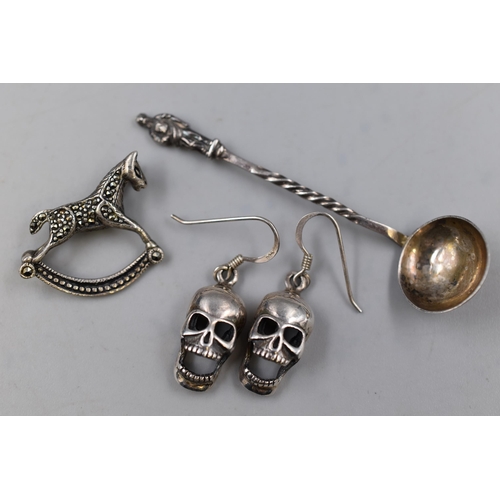 16 - Silver Apostle Condiment Spoon, Marcasite Brooch and a Pair of Skull Earrings