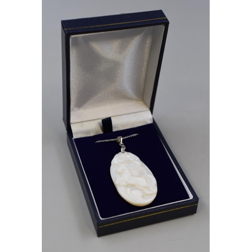 21 - Silver 925 Rearing Horse Mother of Pearl Large Pendant Necklace Complete with Presentation Box