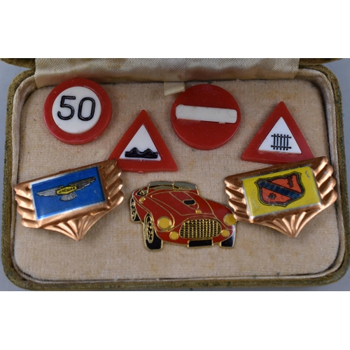 187 - Seven Car Related Pin Badges. Includes Jaguar, Stop Sign, And Others