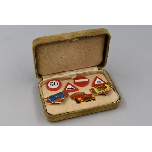 187 - Seven Car Related Pin Badges. Includes Jaguar, Stop Sign, And Others