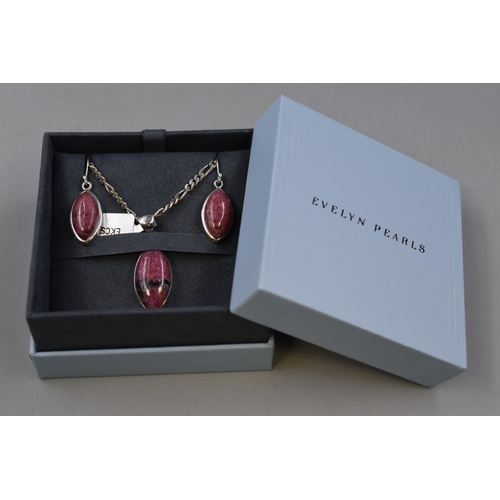 32 - Silver 925 Pink Stoned Rhodonite Necklace & Earring Set Complete in Presentation Box