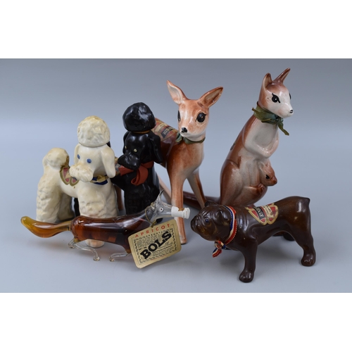 199 - Selection of 5 Animal themed Rynbende Decanters with Contents and a Bols Apricot Fox Decanter