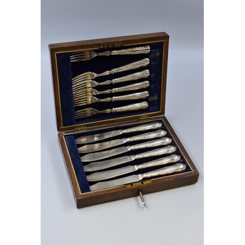 48 - A Vintage Silver Plated Knife/Fork Set, In Oak Case With Key