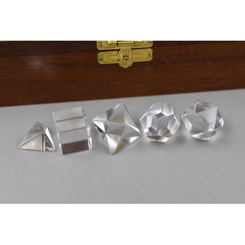 206 - Set of Five Crystal Platonic Solids in a Wooden Storage Box