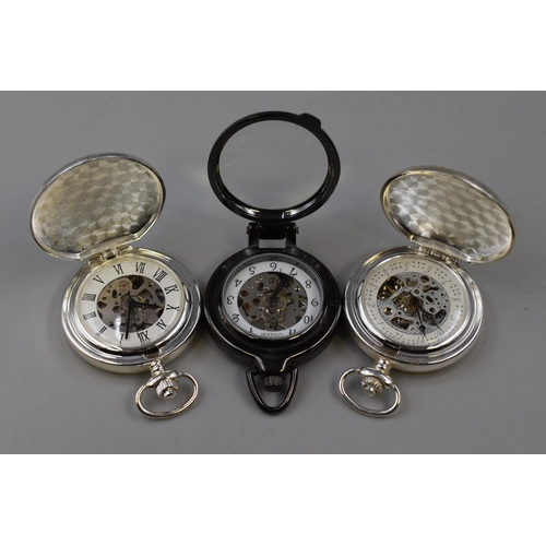 61 - Three Mechanical Skeleton Pocket Watches To Include Two Depicting Trains (A1/A3 Class, And Black Fiv... 