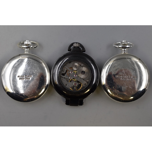 61 - Three Mechanical Skeleton Pocket Watches To Include Two Depicting Trains (A1/A3 Class, And Black Fiv... 