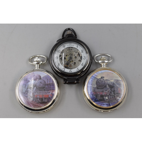 61 - Three Mechanical Skeleton Pocket Watches To Include Two Depicting Trains (A1/A3 Class, And Black Fiv... 