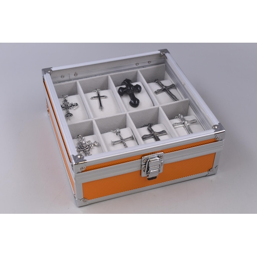 62 - Jewellery Storage Case with Various Styles of Cross Pendant Necklaces