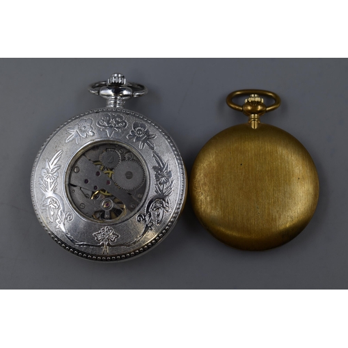 66 - Two Mechanical Pocket Watches To Include Skeleton Pocket Watch Depicting The Moon, And H Samuel. Wor... 