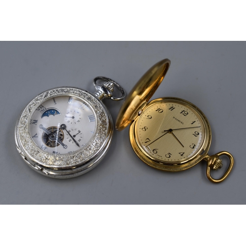 66 - Two Mechanical Pocket Watches To Include Skeleton Pocket Watch Depicting The Moon, And H Samuel. Wor... 