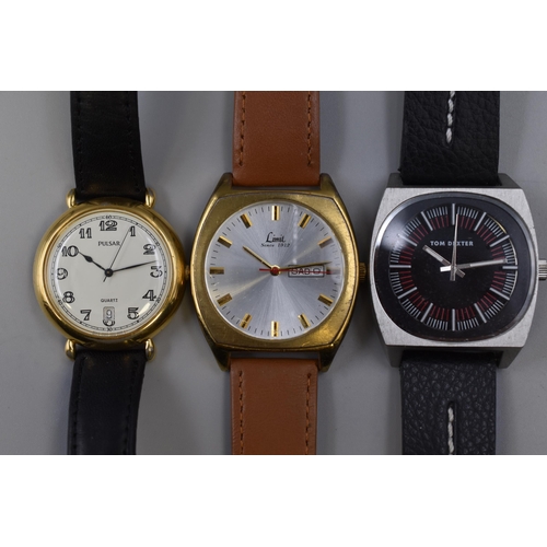 67 - Three Vintage Gent's Quartz Watches To Include Tom Dexter, Pulsar, And Limit. Working