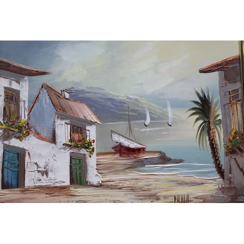 328 - Pair of Framed Signed Oil On Canvas Mediterranean Coastal Scenes, Largest approx 19