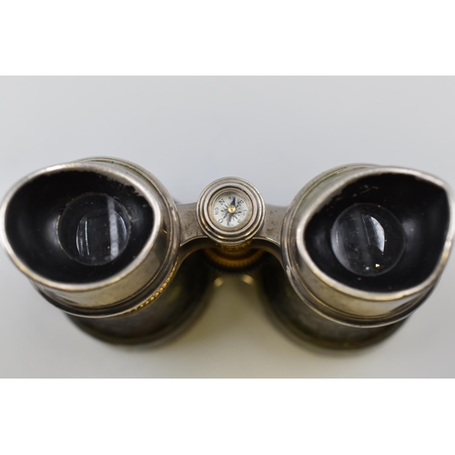 228 - A Pair of Vintage Binoculars With Eye Bridge Compass, In Case With Concealed Mirror