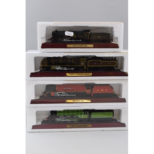 154 - Four Atlas Editions Steam Train Models on Wooden Plinths (Flying Scotsman, Duchess LMS, Pacific Chap... 