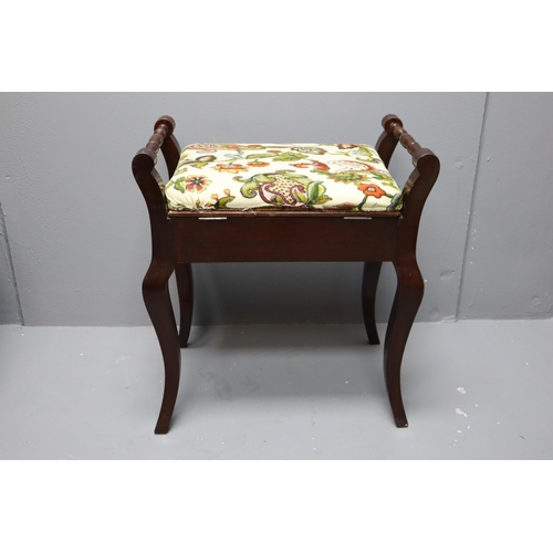 583 - A Vintage Art Nouveau Style Piano Stool, With Reupholstered Floral Seat. Approx 24