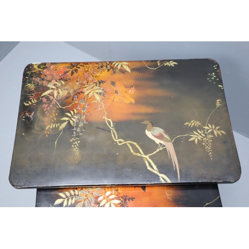 596 - A Nest of Three Antique Japanese Decorative Lacquered Tables Depicting Birds, Approx 13.5