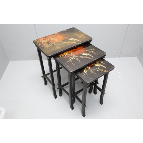 596 - A Nest of Three Antique Japanese Decorative Lacquered Tables Depicting Birds, Approx 13.5