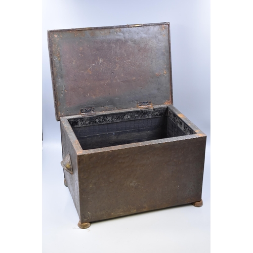 559 - A Vintage Hammered Brass And Wood Coal Box, Approx 12.5