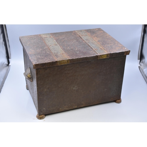 559 - A Vintage Hammered Brass And Wood Coal Box, Approx 12.5