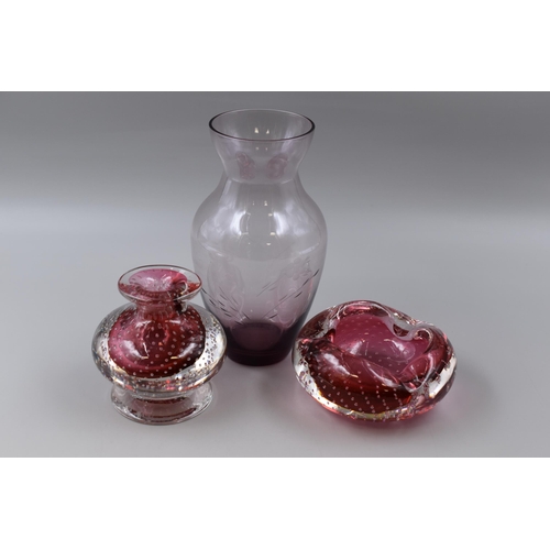 276 - Two Pieces of Bubble Control Cranberry Glass (Ashtray and Vase) and a Cranberry Glass Vase