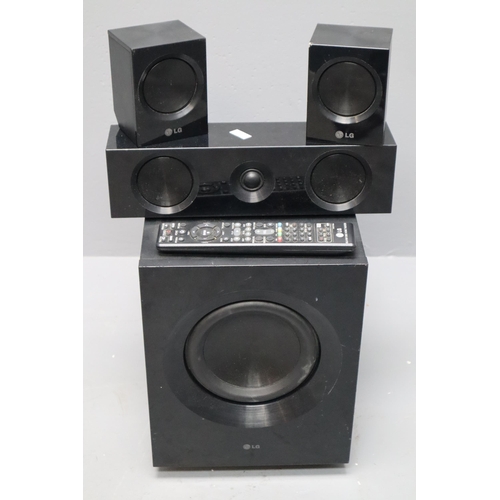 718 - LG surround sound system with left and right satalite with sensor and base sub (as found)