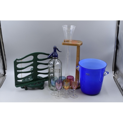 730 - Britvic Soda Syphon, Metal Book Stand, Flirt Glass Ice Bucket, set of 6 Harlequin Style Glasses and ... 