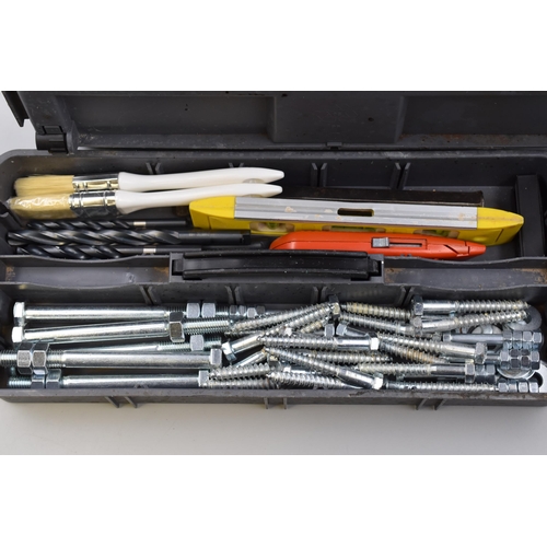 706 - A Grey Plastic Toolbox With Contents, Includes Steel Drillbits, Spirit Level, Files, Hammer, And Mor... 