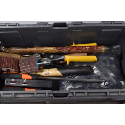 706 - A Grey Plastic Toolbox With Contents, Includes Steel Drillbits, Spirit Level, Files, Hammer, And Mor... 