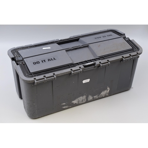 706 - A Grey Plastic Toolbox With Contents, Includes Steel Drillbits, Spirit Level, Files, Hammer, And Mor... 