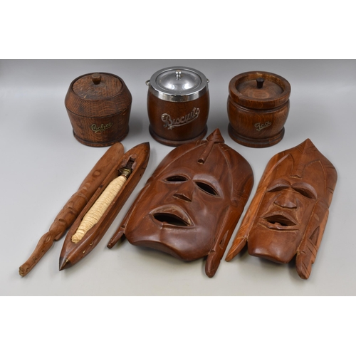 750 - Selection of Treen including Tea / Coffee Canisters, Tribal Facial Wall Masks, Loom Shuttle and More