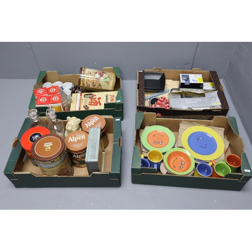 805 - Four Mixed Boxes Including Vintage Storage Tins, Stella Artois Glasses, Trade Winds Table Ware and M... 