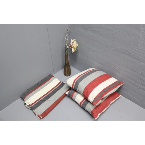 792 - Pair of Grey,Red & White Striped Lined Eyelet Curtains ( approx 54