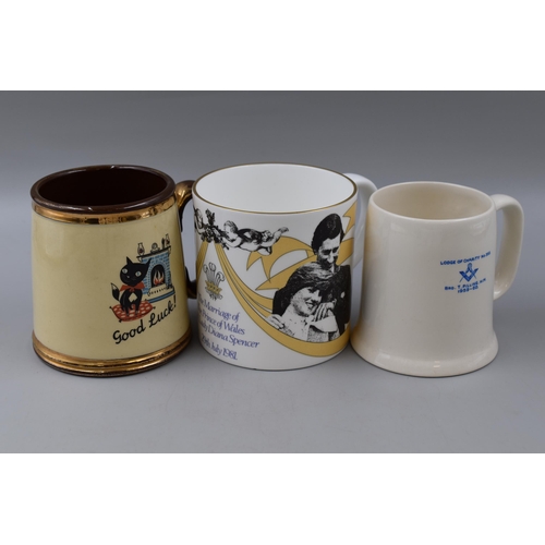 735 - Selection of 6 Commemorative Tankards including Sadler (Good Luck) Masonic, Crown Winsor, Preston Gu... 