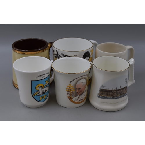 735 - Selection of 6 Commemorative Tankards including Sadler (Good Luck) Masonic, Crown Winsor, Preston Gu... 