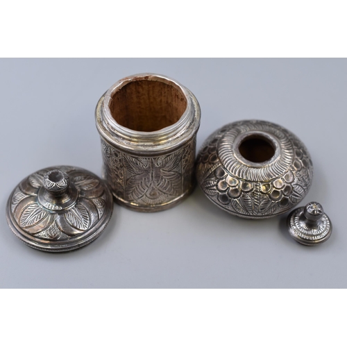 22 - Two Middle Eastern 975. Silver Mounted Wooden Spice Pots