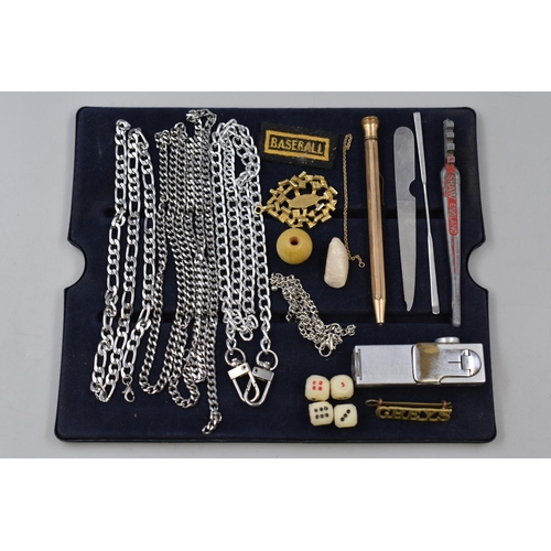 160 - A Mixed Selection To Include Various Silver Tone Necklace Chains, Set of Four Dice, Gold Plated Prop... 