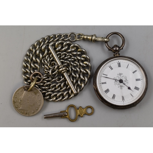 58 - A 935. Continental Silver Cased Pocket Watch With Albert Chain, Key and 1905 Nickel. Spares or Repai... 