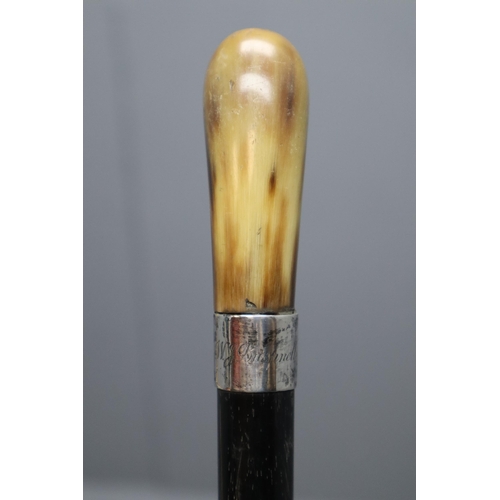 390 - A Vintage Horn Handled Walking Stick With Unmarked Silver Collar, And Horn Umbrella Handle