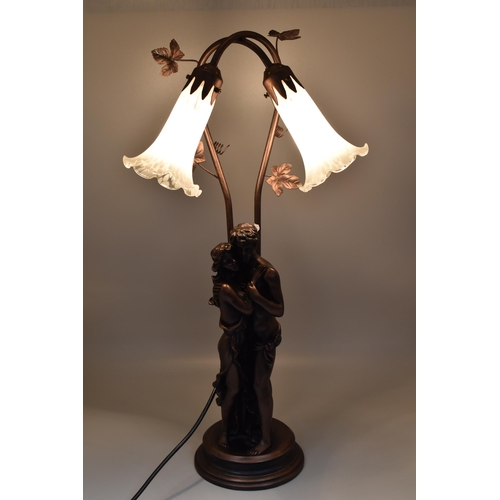 396 - Bronzed Table Lamp Romantic Couple with Tulip Shades (a/f) Working (25