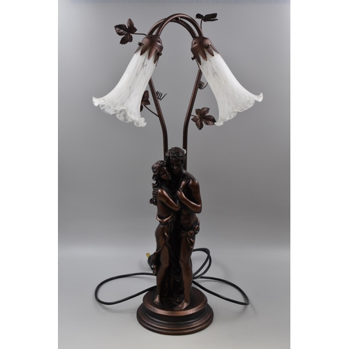 396 - Bronzed Table Lamp Romantic Couple with Tulip Shades (a/f) Working (25