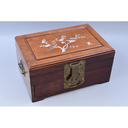 398 - Oriental Style Wooden Jewellery Box with Mother of Pearl Inlay, Drawer and Contents (12