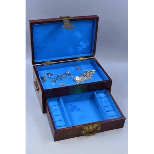 398 - Oriental Style Wooden Jewellery Box with Mother of Pearl Inlay, Drawer and Contents (12