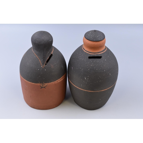 454 - Pair of Vintage Hand Thrown Terracotta Buno Mum and Dad Sealed Money Boxes