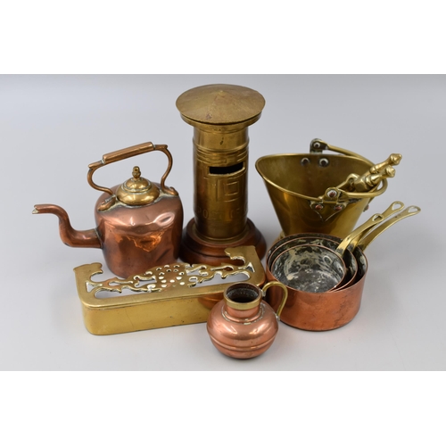 404 - A Selection of Antique Miniature Copper and Brassware. Includes Kettle, Measuring Pans, Postbox, And... 