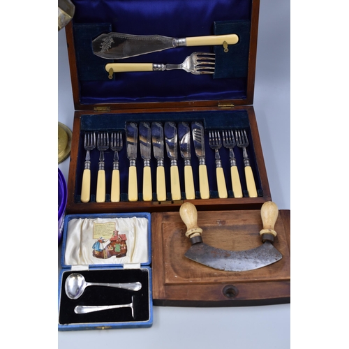 407 - A Mixed Selection To Include Spring Loaded Candlestick, Silver Plated Cutlery Set (In Presentation B... 